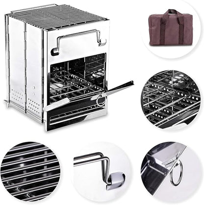 Portable Camping Stove Mini Wood Burning Stove Rocket Stove Folding Stainless Steel Camp Stove Compact Lightweight Backpacking Stove for Tent Outdoor Hiking Cooking BBQ