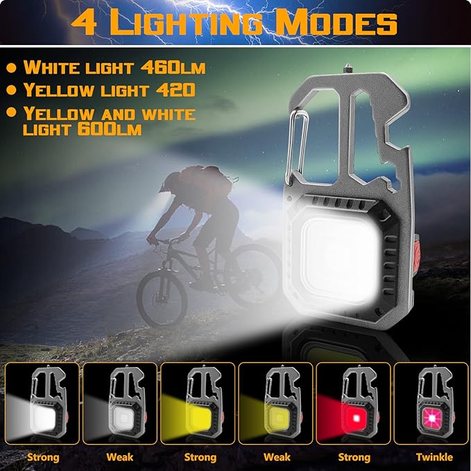 2Pcs COB Small Flashlights, Rechargeable Keychain Mini Flashlight 4 Modes Portable Pocket Magnetic Light with Bottle Opener Hook Window Breaker Wrench Screwdriver Function for Fishing Camping Walking