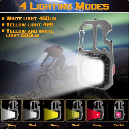 2Pcs COB Small Flashlights, Rechargeable Keychain Mini Flashlight 4 Modes Portable Pocket Magnetic Light with Bottle Opener Hook Window Breaker Wrench Screwdriver Function for Fishing Camping Walking