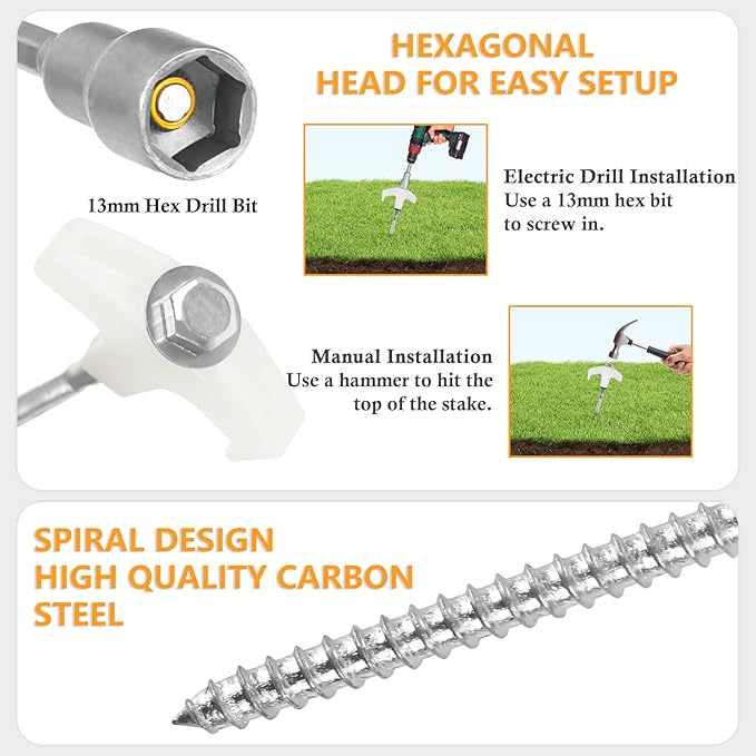 10 Pcs 8" Heavy Duty Screw-in Tent Stakes with Storage Bag, Glow-in-The-Dark Ground Anchor Peg, Metal Threaded Drillable Tent Stake for Camping Swing Canopies, with 1 Hex Nut Driver, Peg Puller