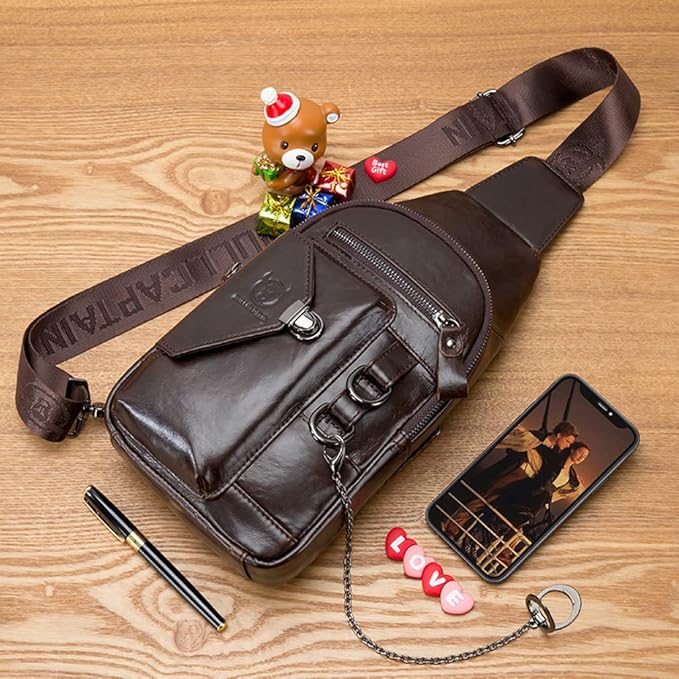 KPYWZER Vintage Genuine Leather Sling Bag Backpack for Men Crossbody with Cellphone Stand Chain Chest Shoulder Crossbody Daypack Coffee