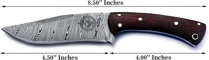 Handmade Damascus Steel Knife Bowie for Hunting, Survival,Camping,Bushcraft,Fishing,Fixed Blade with Recurve Full Tang Micarta Handle, Leather Sheath - WKD-776