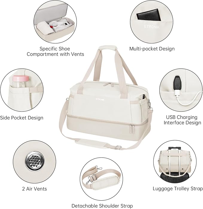 ETRONIK Gym Bag for Women, Personal Item Travel Bag with Shoes Compartment, Weekender Overnight Duffel Bag with Wet Pocket & USB Charging Port, Carry On Bag for Women, Travel, Gym, Weekend (Khaki)