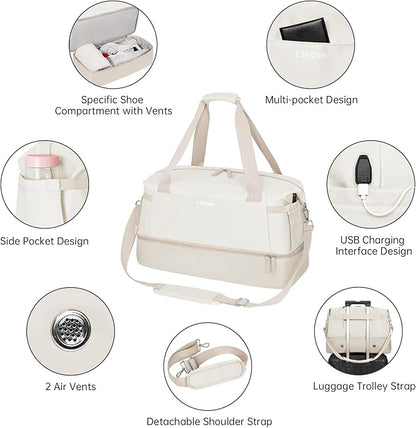 ETRONIK Gym Bag for Women, Personal Item Travel Bag with Shoes Compartment, Weekender Overnight Duffel Bag with Wet Pocket & USB Charging Port, Carry On Bag for Women, Travel, Gym, Weekend (Khaki)