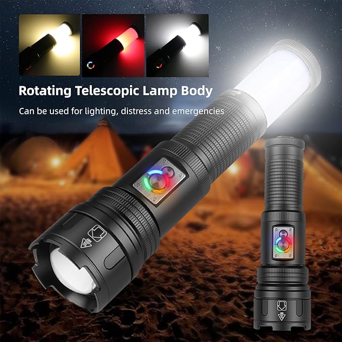 Flashlights High Lumens Rechargeable, Multifunctional Flashlight with Retractable Tail Light, 10 Modes, Led Tactical Flashlights 100000 Lumens for Home, Emergencies, Camping Essentials