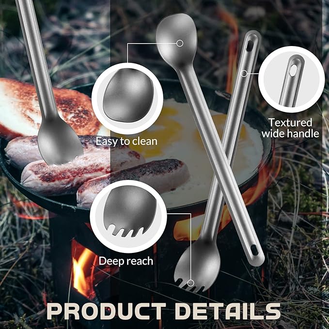 4 Pieces Titanium Long Handle Spork and Spoon 8.4 Inch Ultralight Portable Flatware Lightweight Soup Spoon Camping Spork Utensil for Outdoor Camping Backpacking Hiking Travel Picnic (Silver)