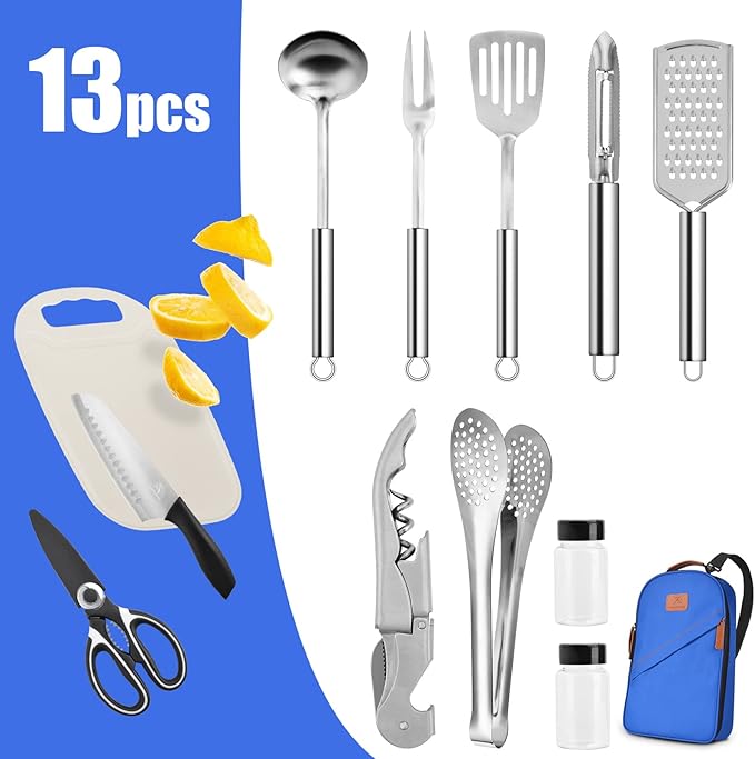 Extremus 13 Pcs Camp Kitchen Cooking Utensil Set Cookware Kit - Travel Organizer Grill Accessories Portable Compact Gear for Backpacking BBQ Camping Travel,Camping Accessories,Blue