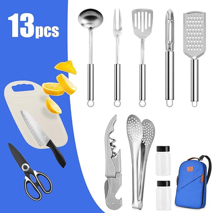 Extremus 13 Pcs Camp Kitchen Cooking Utensil Set Cookware Kit - Travel Organizer Grill Accessories Portable Compact Gear for Backpacking BBQ Camping Travel,Camping Accessories,Blue