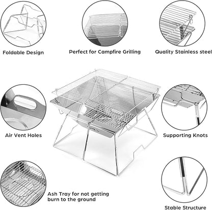 Odoland Folding Campfire Grill, 304 Stainless Steel Grate Barbeque Grill, Portable Camping Grill with Legs for Picnics, Backpacking, Outdoor with Carrying Bag and Kitchen Tongs