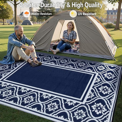 Outdoor Patio Rug 5'x8' Waterproof Outside Area Rugs Blue Reversible Plastic Straw Carpet for RV Deck Camping Entryance Porch Picnic Balcony Beach