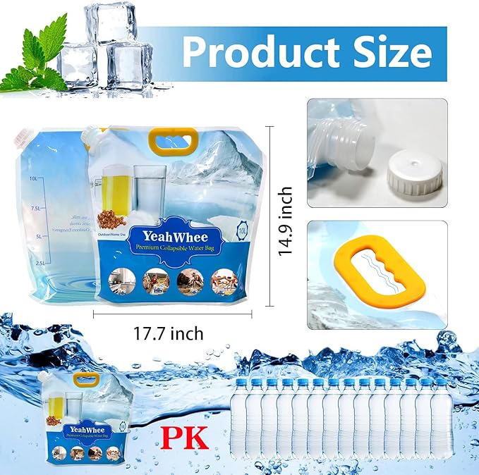 Collapsible Water Storage Bag, 4Pack 2.6 Galloon Water Containers BPA Free, Portable Water Bladder Bag, No-Leak Freezable Emergency Water Jugs for Camping Hiking Backpack Outdoors Travel