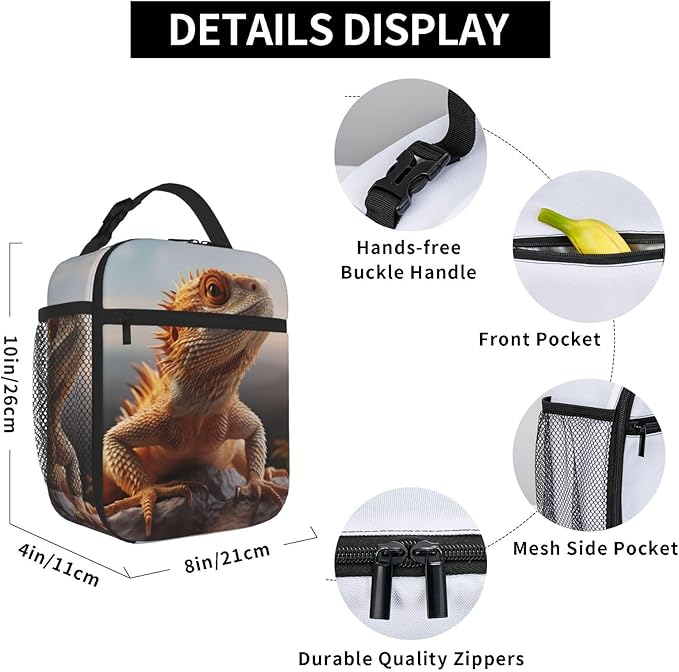 SARA NELL Bearded Dragon Insulated Lunch Bag Lizard Lunch Box for Women Men Teens Kids, Reusable Lunch Tote Bag, Leakproof Thermal Insulated Lunch Bags for Work, Picnic, School or Travel