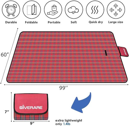 GIVERARE Picnic Beach Blanket, 99x60in XL Sandfree Waterproof Outdoor Camping Blankets, Quick Drying Family Mat, Portable Extra Large Mats for Travel, Hiking, Music Festival, Lawn
