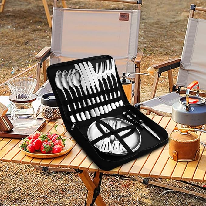 Camping Silverware Silver Picnic Plates and Utensils Set for 4 Portable Tableware Stainless Steel Flatware 20 Pieces with Organizer Bag Reusable Durable
