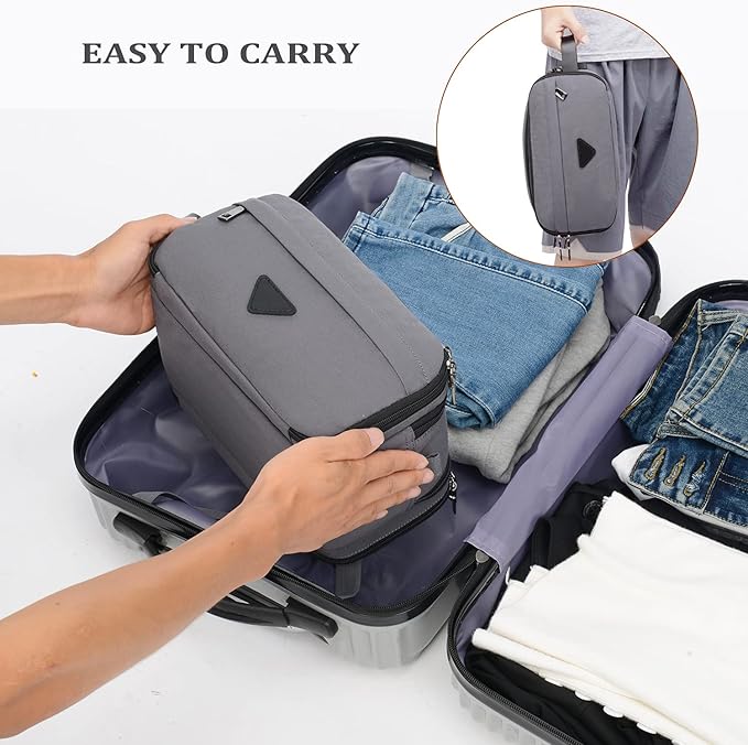 Mens Toiletry Bag Travel Leather Toiletry Organizer Dopp Kit for Men Water-resistant Shaving Bag for Bathroom (Grey)
