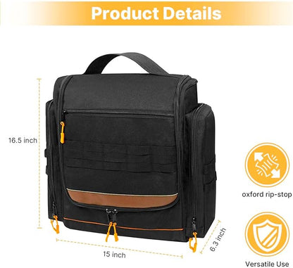 Large Tactical Hanging Camping Cookware Bag, Camping Kitchen Organizer with Paper Towel Holder and Multi Pockets, Camping Cooking Utensils Organizer for RV Tent Camper and Grilling, Bag Only (Black)