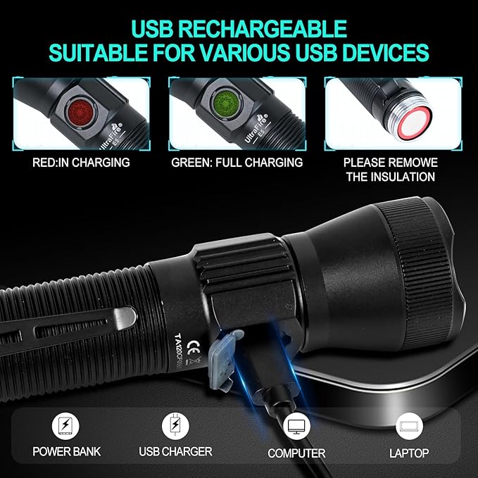 ULTRAFIRE E5 Tactical Flashlight Zoomable Rechargeable 1350 High Lumens Law Enforcement EDC Flashlight,6 Modes Dual Switches Small LED Torch for Patrolilng,Emergency