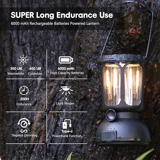 650LM LED Camping Lantern with 6000mAh 10-200hrs Battery Life, Hand Crank /Solar Powered /Type-C Rechargeable for Power Outages, Warm/Cold Light Stepless Dimmable 650 Lumen,(1 Pack)…