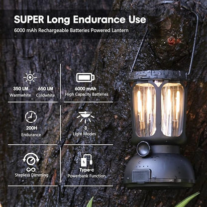 650LM LED Camping Lantern with 6000mAh 10-200hrs Battery Life, Hand Crank /Solar Powered /Type-C Rechargeable for Power Outages, Warm/Cold Light Stepless Dimmable 650 Lumen,(1 Pack)…