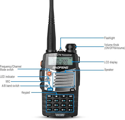 BAOFENG UV-5R 8W Ham Radio Handheld Dual Band 2-Way with an Extra 3800mAh Battery with BAOFENG Hand Mic and Programming Cable