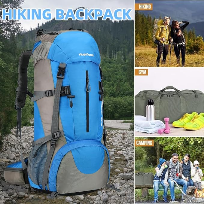 King'sGuard 70L Hiking Backpack Waterproof Camping Backpack with Rain Cover Large Lightweight Backpacking Backpack Daypack for Travel Outdoor -Frameless (Light Blue)