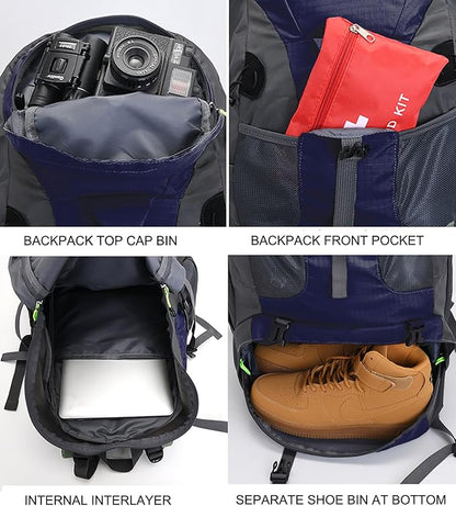 Bseash 50L Hiking Backpack, Water Resistant Lightweight Outdoor Sport Daypack Travel Bag for Camping Climbing Touring (Dark Purple - With Shoe Compartment)