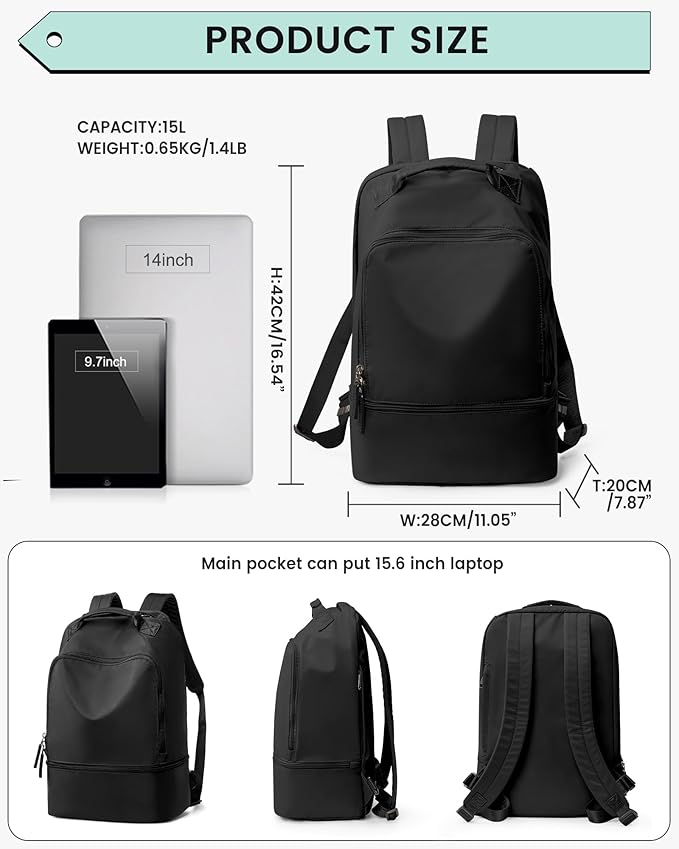 Gym Backpack for Women, Gym Bag with Shoe Compartment, Waterproof Lightweight Sports Yoga Travel Backpack with Wet Pocket, Black