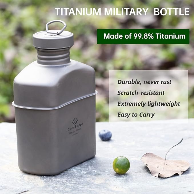COOK'N'ESCAPE Titanium Camping Cookware Titanium Canteen Mess kit, Camping Canteen with Pot and Pan Set, Portable Lightweight Cookware for Outdoor Hiking Backpacking Picnic
