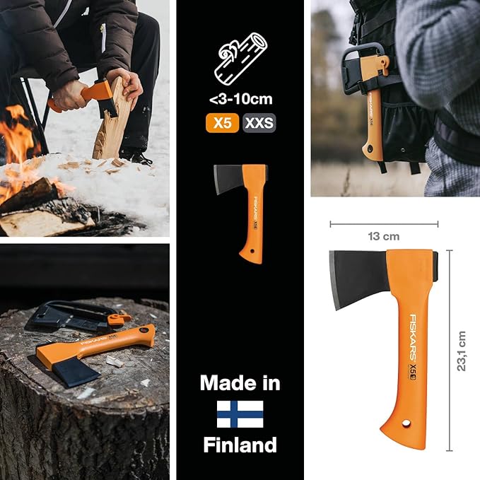 Fiskars Camping Axe XXS X5, Storage and Carrying Case Included, Length: 23 cm, Non-stick Coating, Weight: 480 g, High Steel Blade/Reinforced plastic handle, Orange, 1015617
