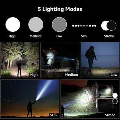 Lepro LED Rechargeable Flashlight, LP3000 High Lumens, Zoomable, Bright Flashlight, Waterproof, 5 Lighting Modes, Small Handheld Flashlight for Camping, Emergencies, USB Cable Included