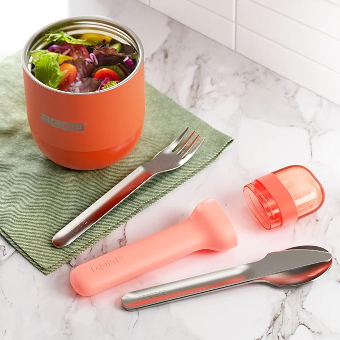 Zoku Pocket Utensil Set, Peach | Stainless Steel Fork, Knife, and Spoon Nest in Hygienic Case | Portable Design for Travel, School, Work, Picnics, Camping and Outdoor Home Use