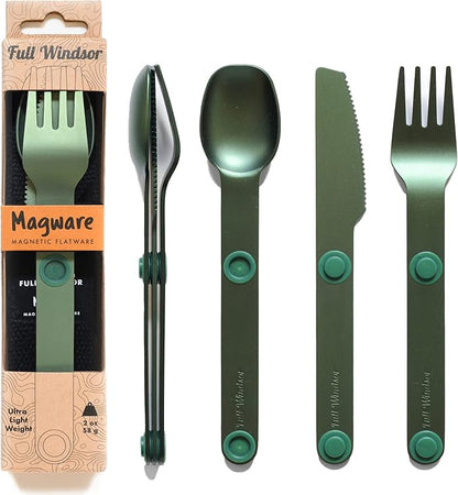 MAGWARE Magnetic Camping Utensils Set - Portable & Reusable Metal Travel Flatware with a Case for Camping, Picnic, Office & Kid's Lunchbox | Camping Cutlery Set | Knife, Fork & Spoon (3 PCS)