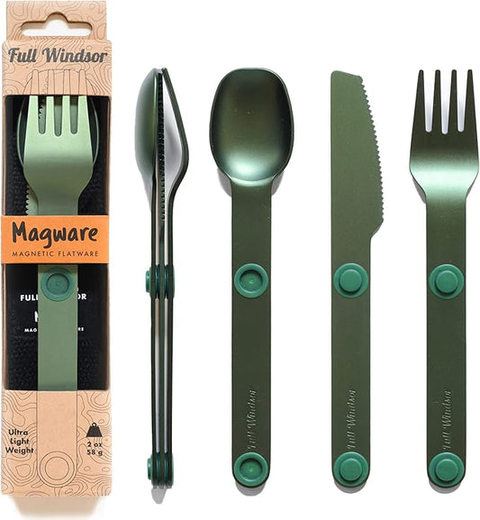 MAGWARE Magnetic Camping Utensils Set - Portable & Reusable Metal Travel Flatware with a Case for Camping, Picnic, Office & Kid's Lunchbox | Camping Cutlery Set | Knife, Fork & Spoon (3 PCS)