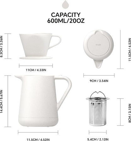 Ideus Insulated Pour Over Coffee Maker Set 20oz, Stainless Steel Coffee Pot Pour Over Set Camp Coffee Carafe BPA-Free with Dripper and Tea Infuser for Home, Office & Camping (White)