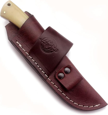 Handmade Damascus Steel Knife for Hunting,Survival,Camping,Bushcraft and Fishing-Fixed Blade Dagger with Drop Point Full Tang-Bone Handle with Cowhide-Leather Sheath DCX 22 -201