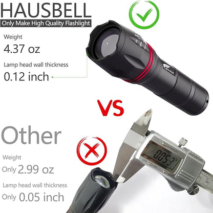 HAUSBELL LED A100 Flashlight Bright, Zoomable Tactical Flashlights Flash Light with 2000 High Lumens and Five Modes for Emergency and Outdoor Use Camping Accessories, 2 Pack