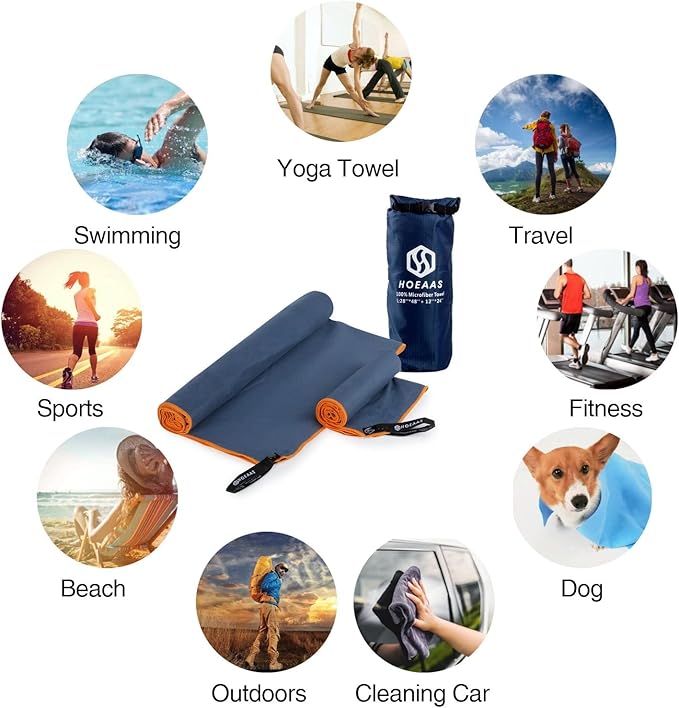 HOEAAS 2 Pack Microfiber Camping Towels, Quick Dry Towel, Super Absorbent Ultra Compact Travel Towel Soft Lightweight Sports Towel for Sweat Fast Drying Towels for Pool,Gym,Hiking,Backpacking,Fitness