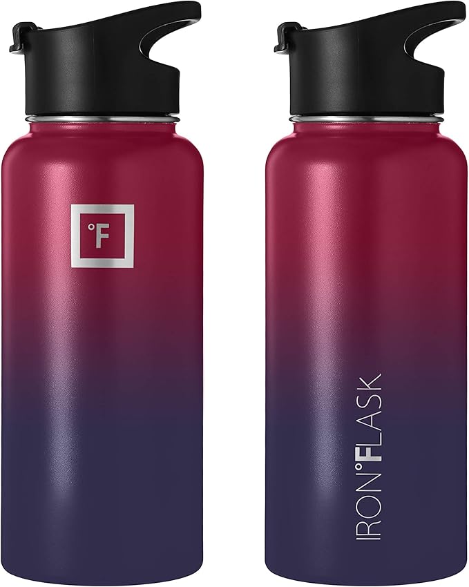 IRON °FLASK Camping & Hiking Hydration Flask, Wide Mouth, 3 Spout Lids, Stainless Steel Outdoor Water Bottle, Double Walled, Insulated Thermos, Metal Canteen - Dark Rainbow, 32 Oz