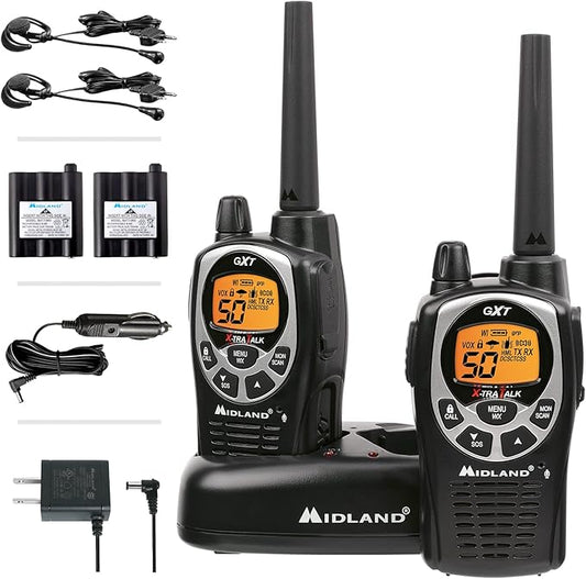Midland GXT1000VP4 - 50 Channel GMRS Two-Way Radio - Long Range Walkie Talkie with 142 Privacy Codes, SOS Siren, and NOAA Weather Alerts and Weather Scan (Black/Silver, Pair Pack)