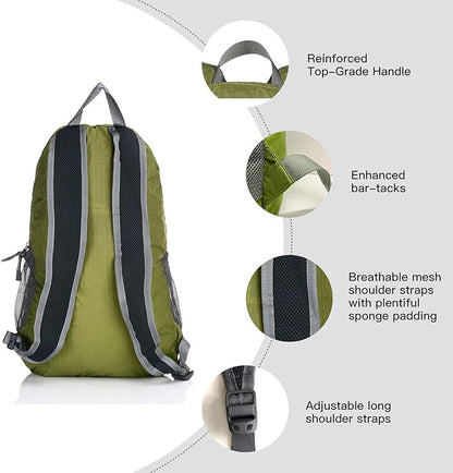 Outlander Packable Handy Lightweight Travel Hiking Backpack Daypack, Green