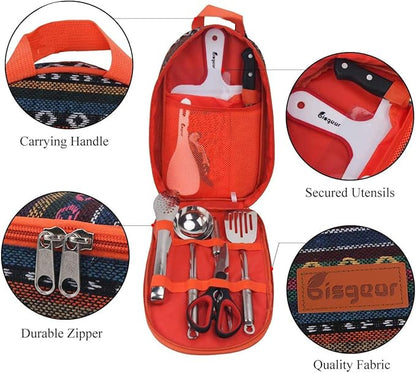 Bisgear Backpacking Camping Cookware Camp Kitchen Utensil BBQ Organizer Travel Mess Kit with Water Resistant Case, Cutting Board, Rice Paddle, Tongs, Scissors, Knife, Spork
