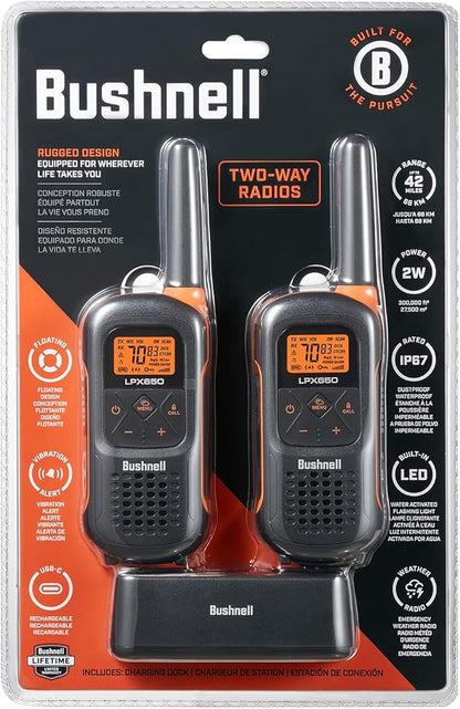 New Bushnell LPX650 Walkie Talkies - Waterproof Long Range Two Way Radios, IP67 Rugged Floating Design, USB-C Rechargeable - Equipped for Wherever Life Takes You (2 Pack)