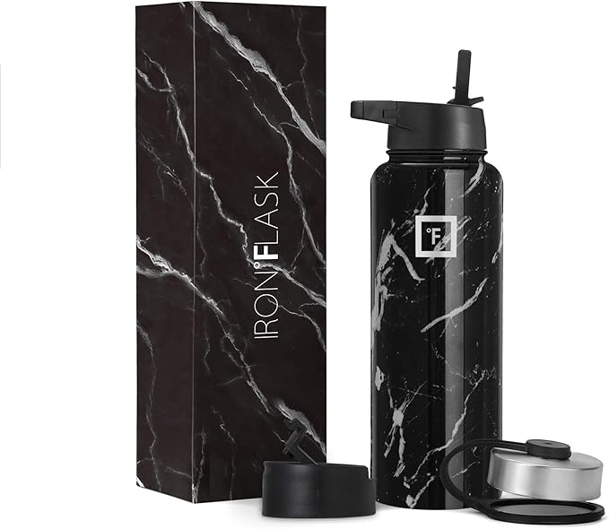 IRON °FLASK Camping & Hiking Hydration Flask, Wide Mouth, 3 Straw Lids, Stainless Steel Outdoor Water Bottle, Double Walled, Insulated Thermos, Metal Canteen - Black Marquina, 40 Oz