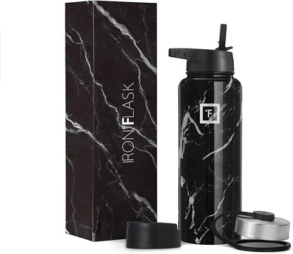 IRON °FLASK Camping & Hiking Hydration Flask, Wide Mouth, 3 Straw Lids, Stainless Steel Outdoor Water Bottle, Double Walled, Insulated Thermos, Metal Canteen - Black Marquina, 40 Oz