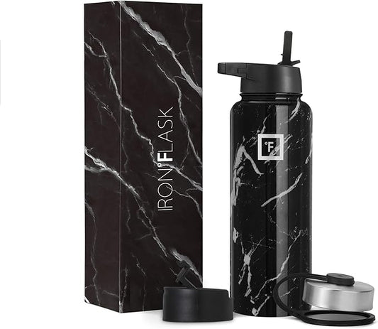 IRON °FLASK Camping & Hiking Hydration Flask, Wide Mouth, 3 Straw Lids, Stainless Steel Outdoor Water Bottle, Double Walled, Insulated Thermos, Metal Canteen - Black Marquina, 40 Oz