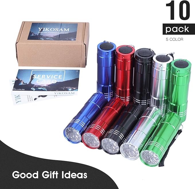 10 Pack of Flashlights 9 LED Mini Aluminum Flashlight Bulk with Lanyard 30 AAA Batteries Included Assorted Colors Handheld Flashlights for Hurricane Supplies Camping, Night Reading, Cycling
