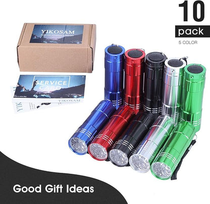 10 Pack of Flashlights 9 LED Mini Aluminum Flashlight Bulk with Lanyard 30 AAA Batteries Included Assorted Colors Handheld Flashlights for Hurricane Supplies Camping, Night Reading, Cycling
