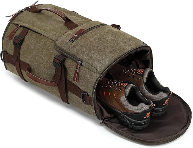 Gym Duffle Bag Backpack 4-Way Vintage canvas with Shoes Compartment for travel Sport Hiking laptop (Vintage green) X-Large