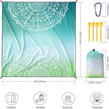 Beach Blanket, Wateresistant Sandproof Sand Free Beach Mat with Corner Pockets Portable Bag for Beach Festival,Picnic,Travel and Outdoor Camping Activties (Mandarin-Green,79"×83"(4 Person))