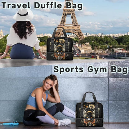 Sports Gym Bag Retro Bee Flower Travel Duffel Bag Waterproof Lightweight Swim Bag Travel Tote Luggage Weekender Overnight Handbag Workout Bag with Shoes Compartment for Women Men
